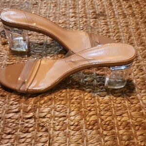 Tan 1.5in Strappy Sandal Heels with Modern Clear Acrylic Straps Versatile Classy